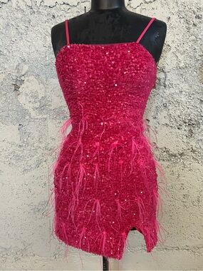 Hot Pink Sequin & Feather Mini Dress